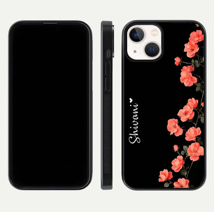 Crimson Bloom Grace Custom Name Glass Case for iPhone 13 Mini dual-view layout displaying custom text and smooth curved edges