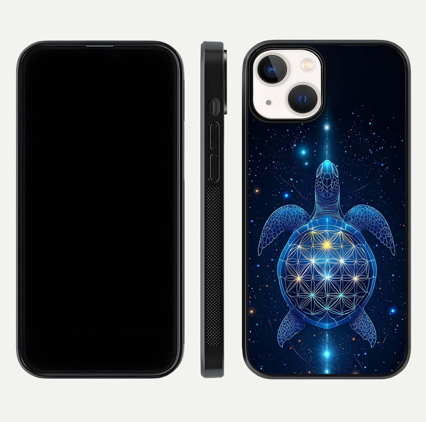 Crimson Blue Turtle Glass Case for iPhone 13 Mini dual-view layout displaying ocean tones and HD finish