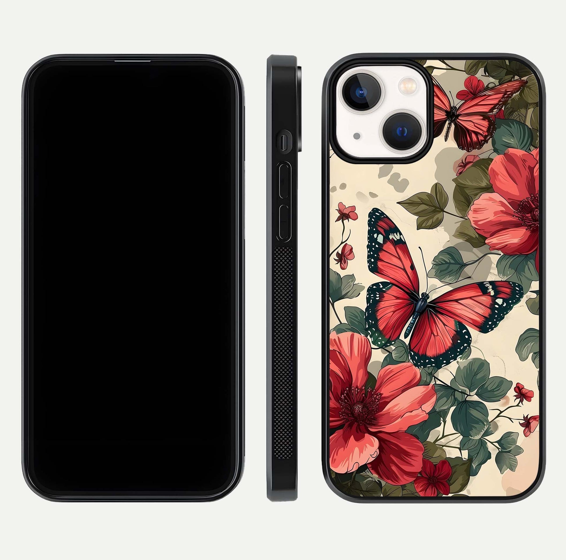 Crimson Butterfly Garden Glass Case for iPhone 13 Mini dual-view layout displaying floral patterns and edge finish