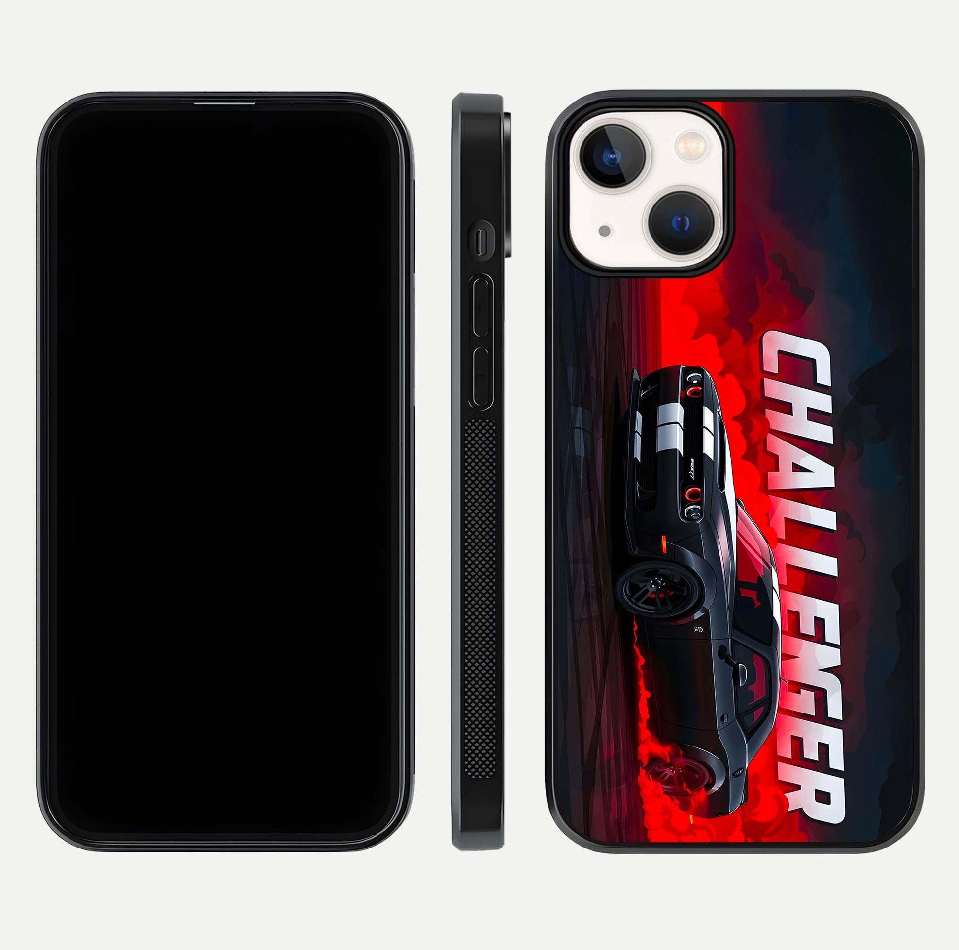 Crimson Challenger Fury Glass Case for iPhone 13 Mini dual-view layout displaying bold tones and edge polish