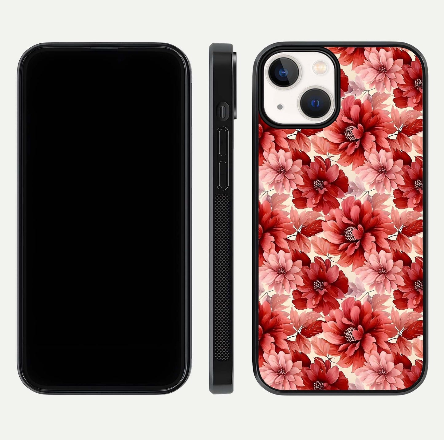 Crimson Love Petals Glass Case for iPhone 13 Mini dual-view layout displaying floral charm and curved glass