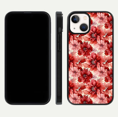 Crimson Love Petals Glass Case for iPhone 13 Mini dual-view layout displaying floral charm and curved glass