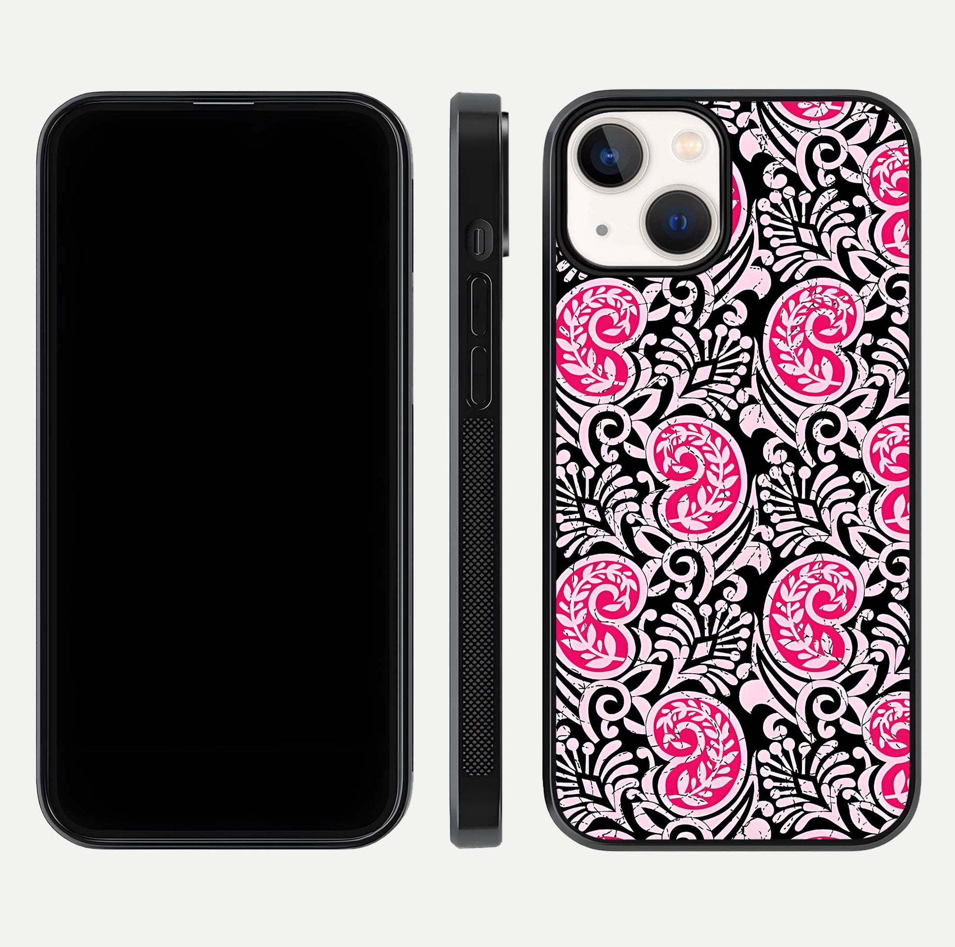 Crimson Paisley Charm Glass Case for iPhone 13 Mini dual-view layout displaying HD print and curved polish