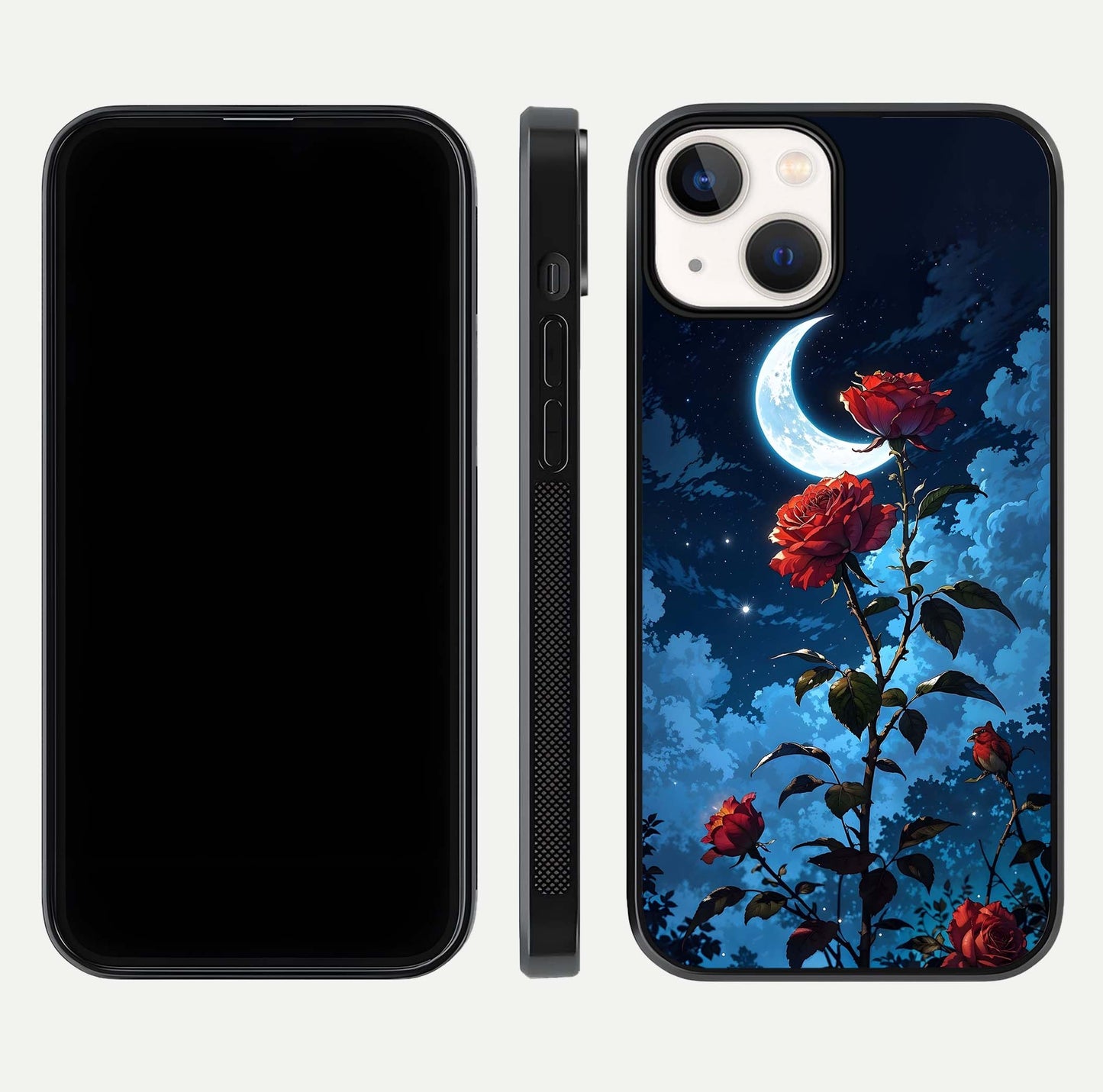 Crimson Rose Moon Glass Case for iPhone 13 Mini dual-view layout displaying red tones and soft gloss