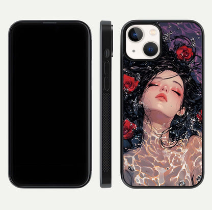 Crimson Rose Serenity Glass Case for iPhone 13 Mini dual-view layout displaying serenity tones and curved glass