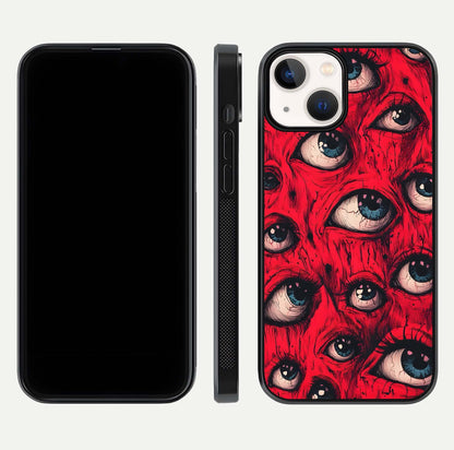 Crimson Watch Eyes Glass Case for iPhone 13 Mini dual-view layout displaying abstract tones and curved edges
