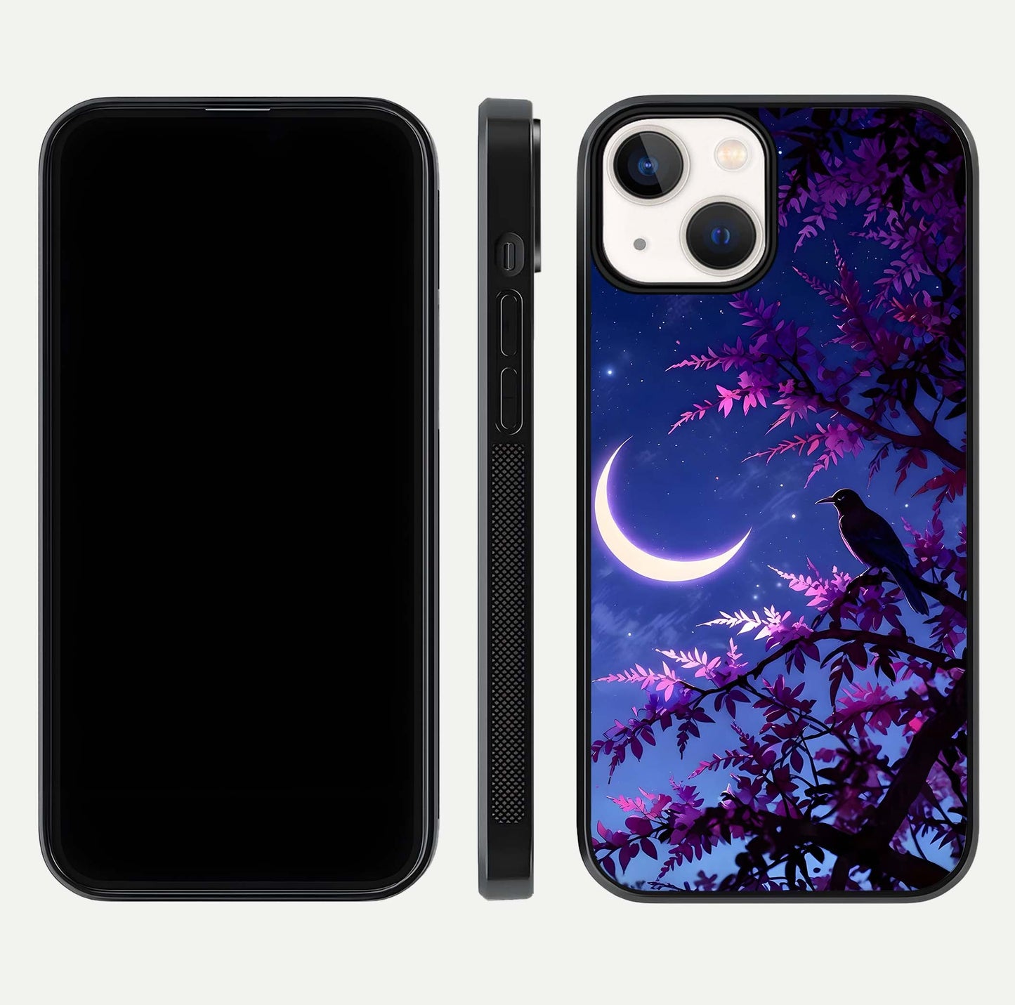Crow & Moon Scenery Glass Case for iPhone 13 Mini dual-view layout displaying night sky art and curved glass edges