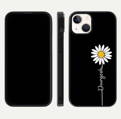 Custom Name White Flower Glass Case for iPhone 13 Mini dual-view layout showing elegant floral tone and curved edge finish