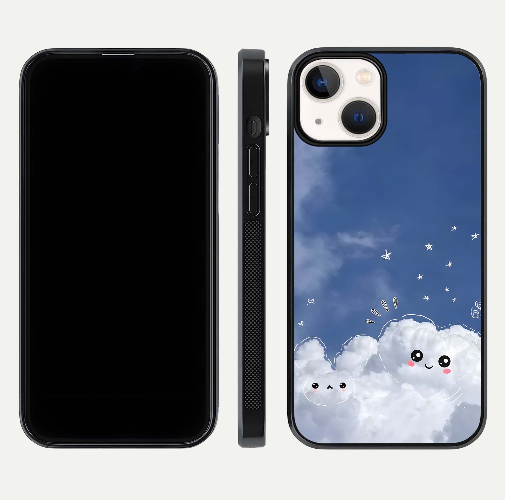 Cute Blossom Cloud Glass Case for iPhone 13 Mini dual-view layout displaying cute floral clouds and polished edge