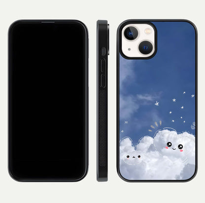 Cute Blossom Cloud Glass Case for iPhone 13 Mini dual-view layout displaying cute floral clouds and polished edge