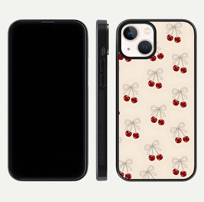 Cute Cherry Pattern Glass Case for iPhone 13 Mini dual-view layout displaying aesthetic fruit print and smooth edges