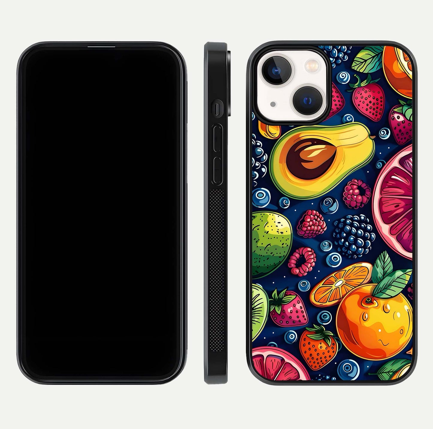Cute Fruits Art Glass Case for iPhone 13 Mini dual-view layout displaying playful tones and curved design