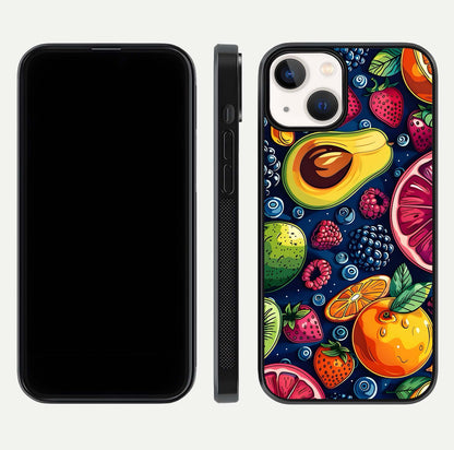 Cute Fruits Art Glass Case for iPhone 13 Mini dual-view layout displaying playful tones and curved design