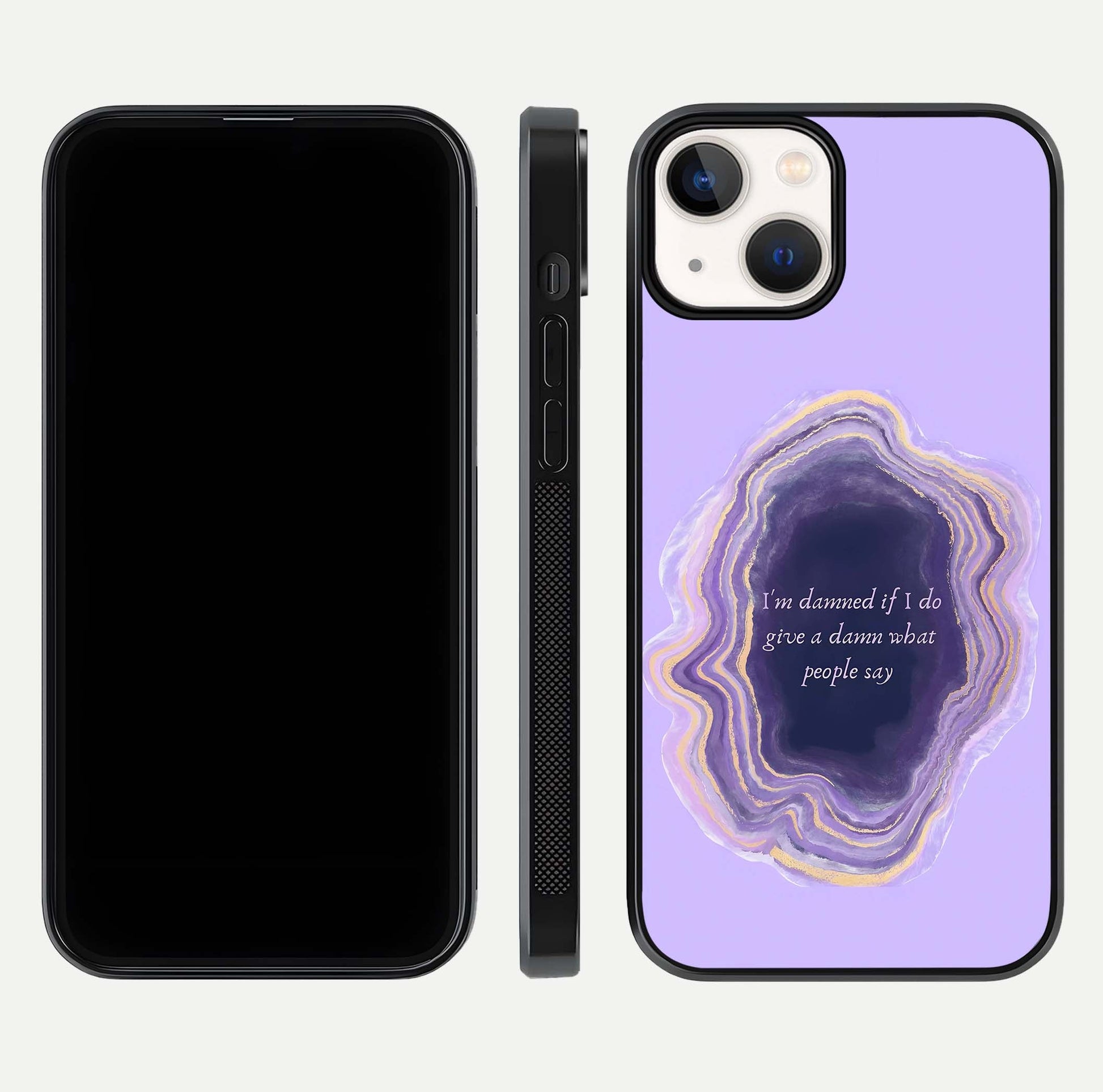 Damned People Quote Glass Case for iPhone 13 Mini dual-view layout displaying modern print and glass clarity