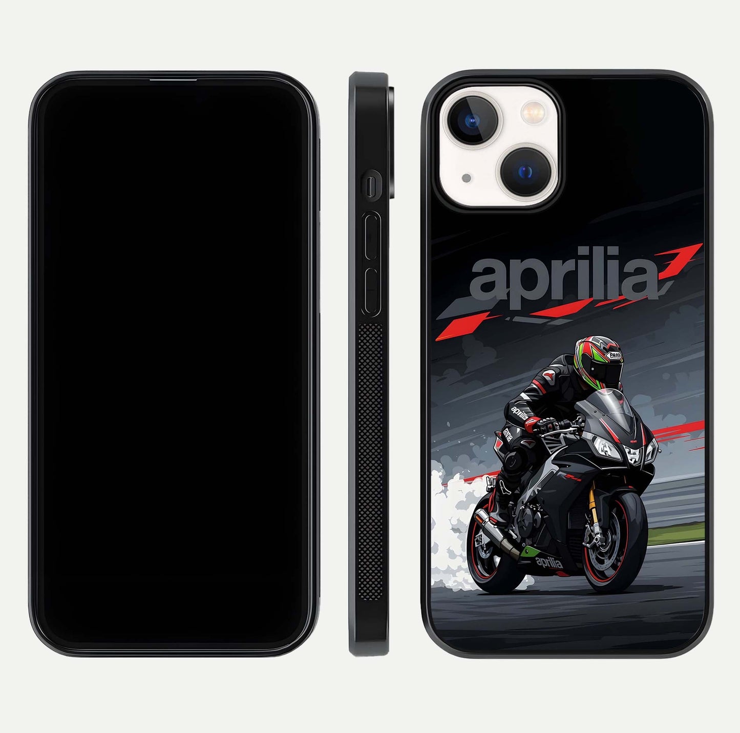 Dark Aprilla Glass Case for iPhone 13 Mini dual-view layout displaying sleek racing look and HD shine