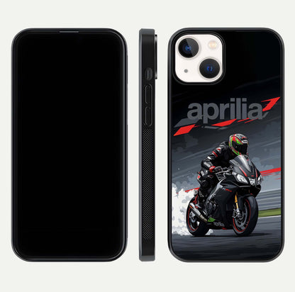 Dark Aprilla Glass Case for iPhone 13 Mini dual-view layout displaying sleek racing look and HD shine