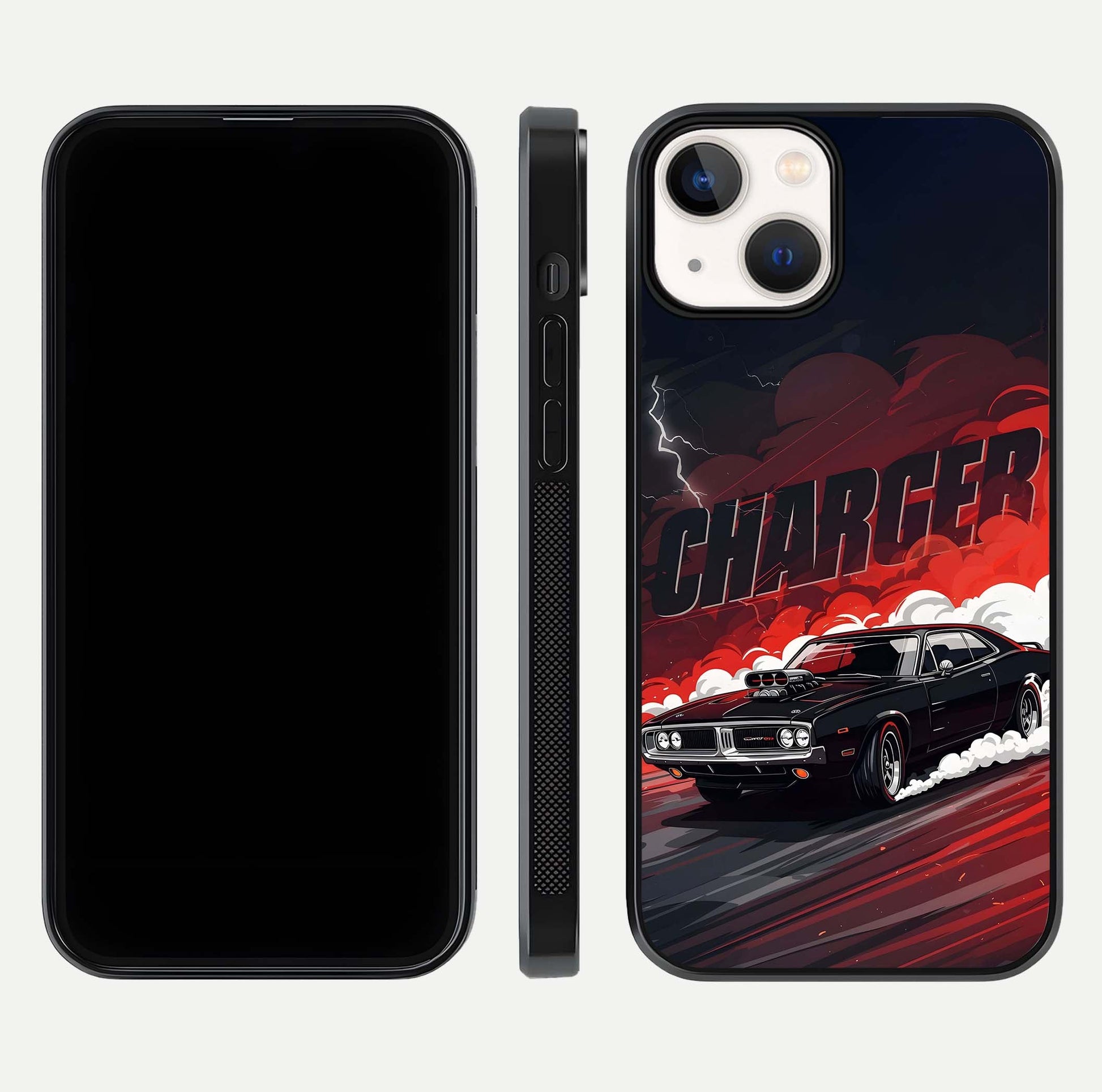 Dark Charger Fury Glass Case for iPhone 13 Mini dual-view layout displaying HD design and polished edges