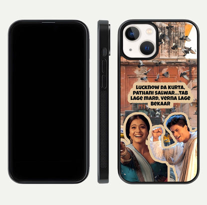 Desi Retro Vibes Glass Case for iPhone 13 Mini dual-view layout showing nostalgic design and smooth glass curve