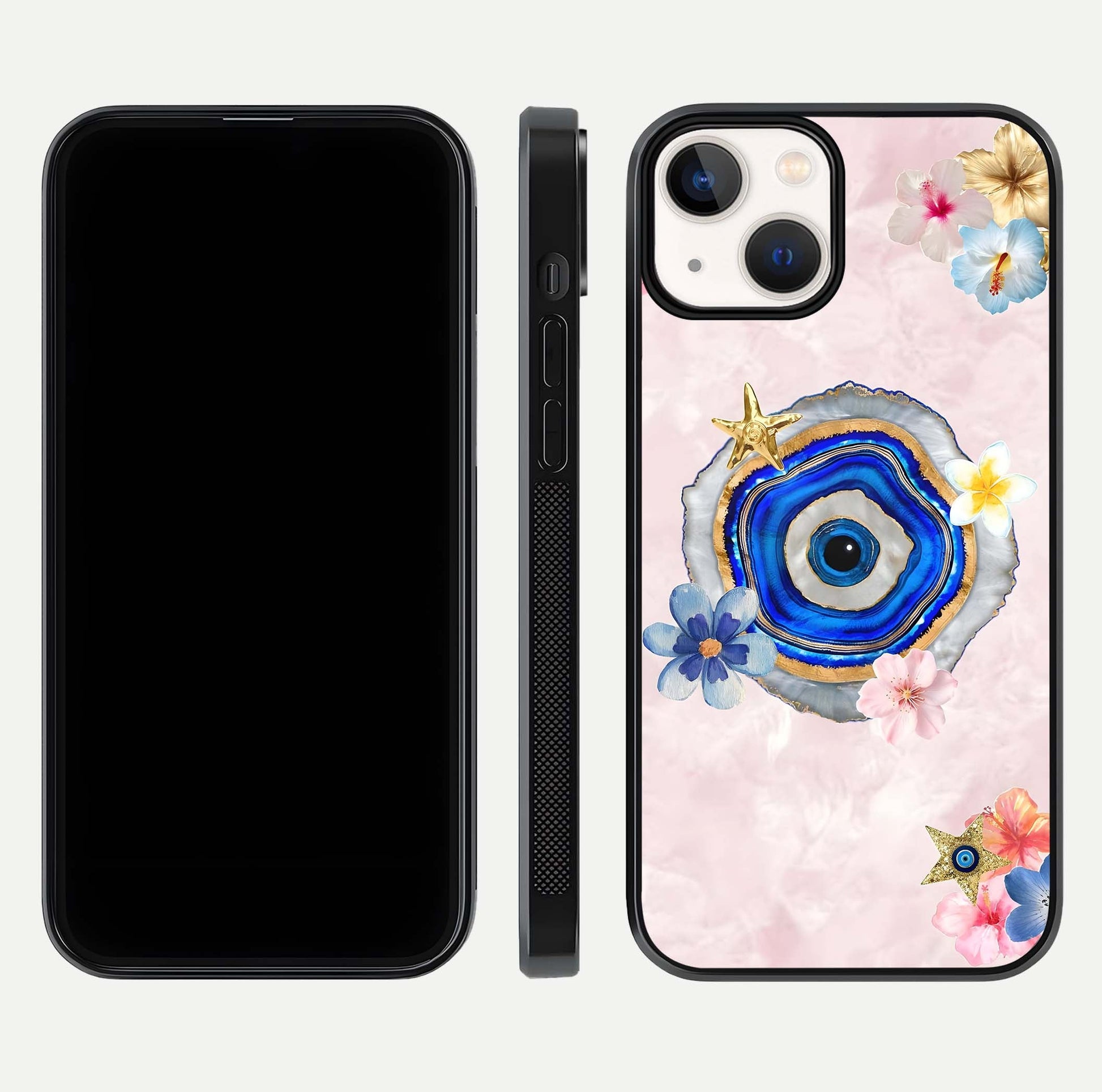 Divine Aura Bloom Glass Case for iPhone 13 Mini dual-view layout displaying divine color tones and smooth edges