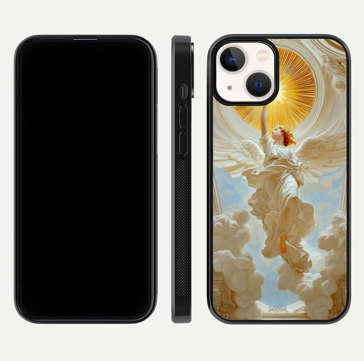 Divine Light Angel Glass Case for iPhone 13 Mini dual-view layout displaying celestial tones and smooth curves