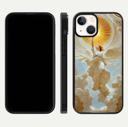 Divine Light Angel Glass Case for iPhone 13 Mini dual-view layout displaying celestial tones and smooth curves