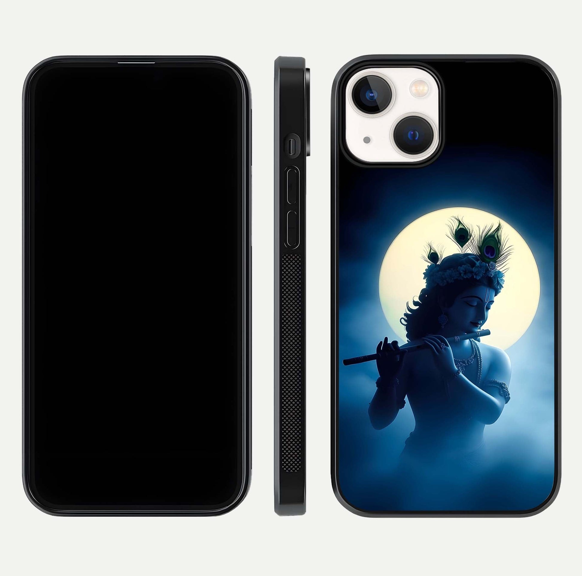 Divine Moon Flute Glass Case for iPhone 13 Mini dual-view layout displaying soft night tones and curved polish