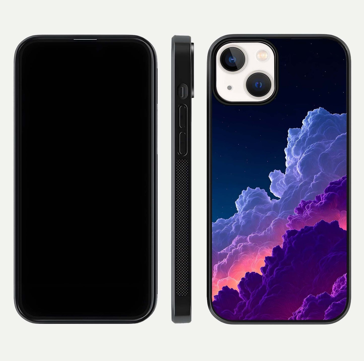 Dreamy Cloud Skies Glass Case for iPhone 13 Mini dual-view layout displaying calm sky art and smooth curve