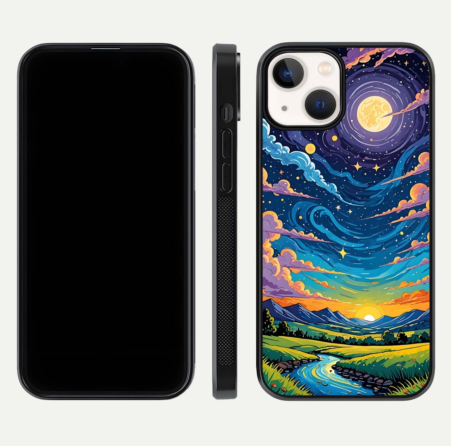 Dreamy Night Landscape Glass Case for iPhone 13 Mini dual-view layout displaying HD print and curved glass edges