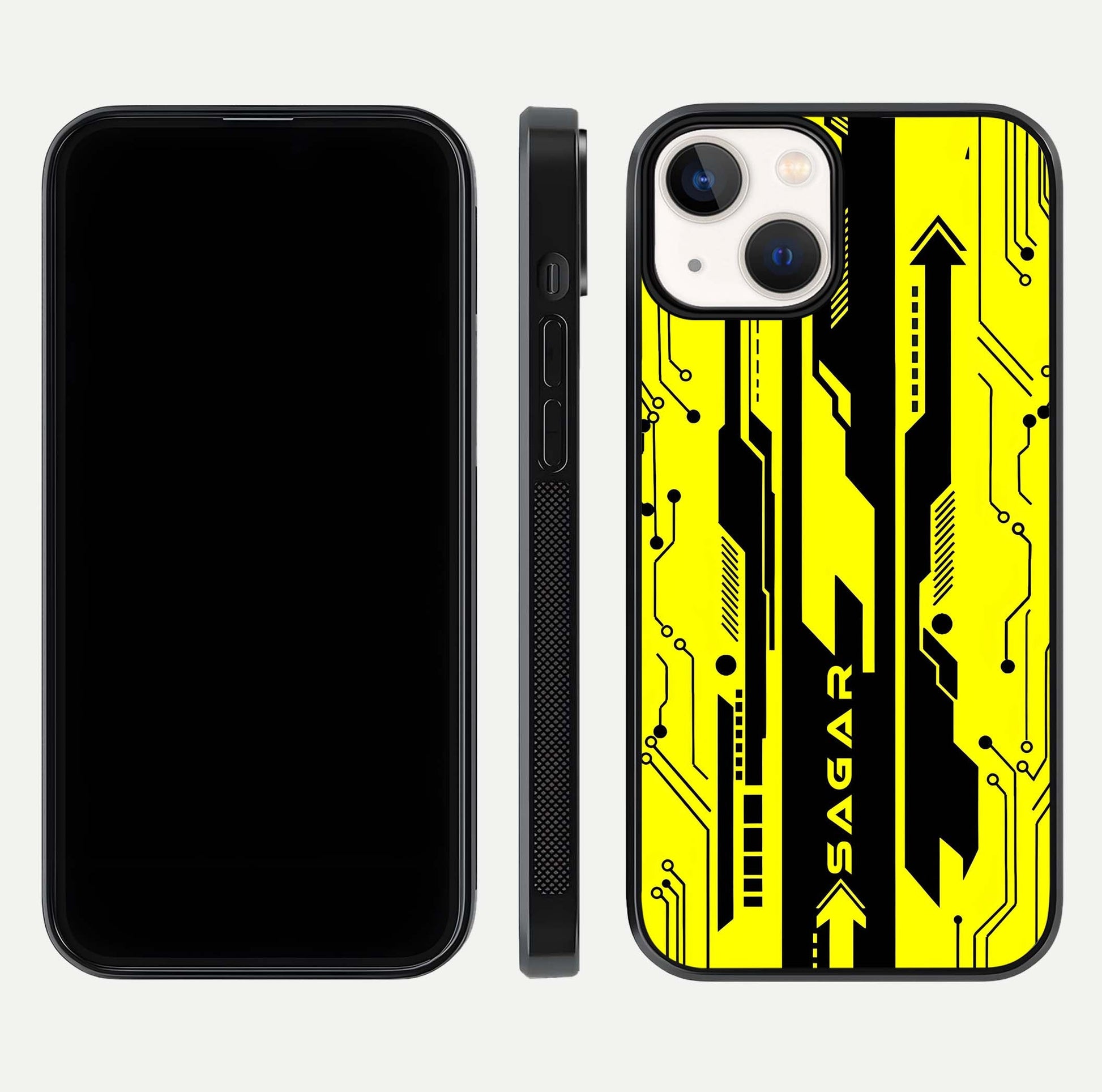 Electric Pulse CYBERPUNK Custom Name Glass Case for iPhone 13 Mini dual-view layout displaying futuristic hues and curved glass edges