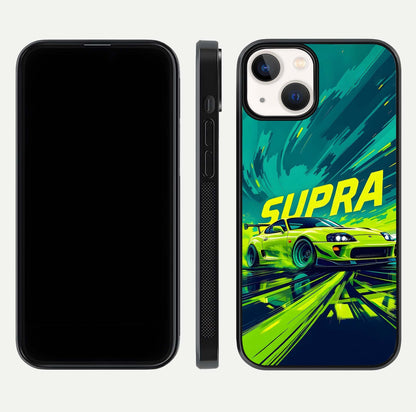 Electric Supra Thunder Glass Case for iPhone 13 Mini dual-view layout displaying dynamic motion art and curved finish