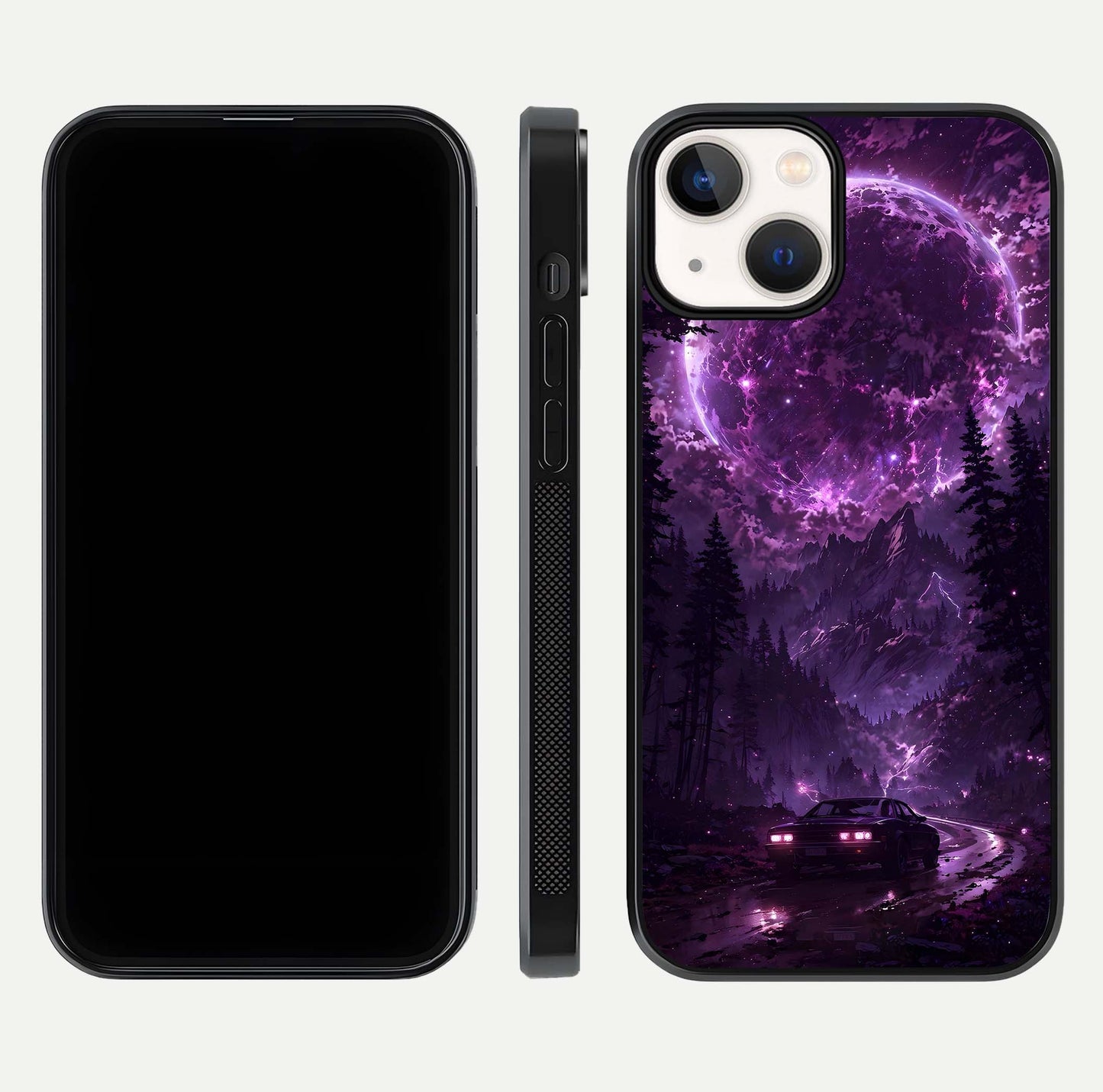 Eternal Cosmic Drive Glass Case for iPhone 13 Mini dual-view layout displaying outer-space tones and curved finish