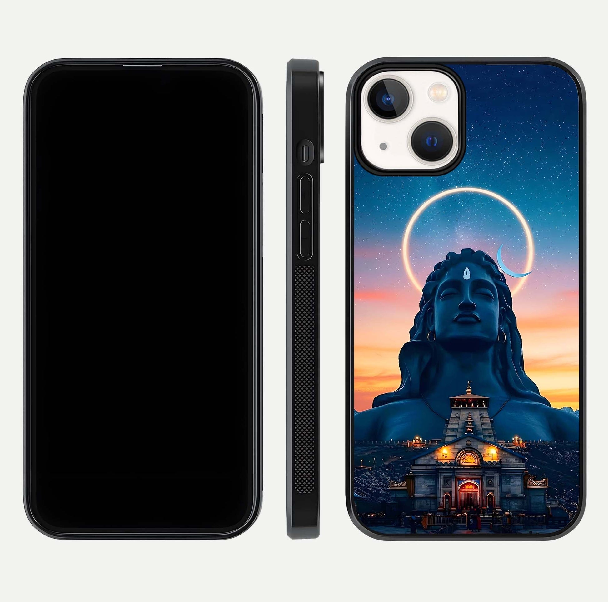 Eternal Shiva Aura Glass Case for iPhone 13 Mini dual-view layout displaying HD deity print and smooth edge