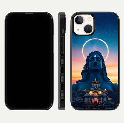 Eternal Shiva Aura Glass Case for iPhone 13 Mini dual-view layout displaying HD deity print and smooth edge