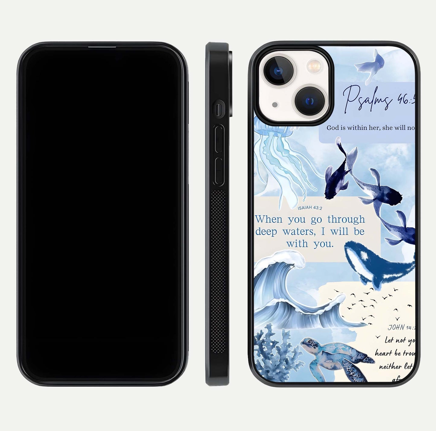Faithful Ocean Promise Glass Case for iPhone 13 Mini dual-view layout showing sea horizon art and curved polish