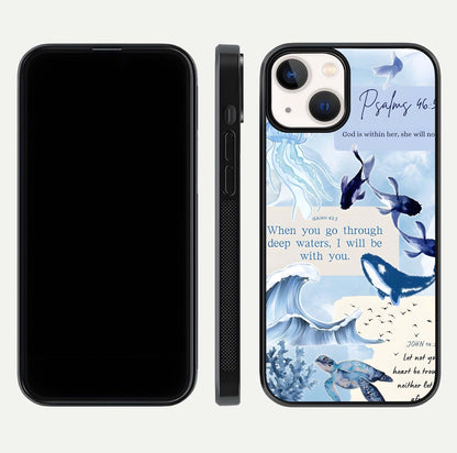 Faithful Ocean Promise Glass Case for iPhone 13 Mini dual-view layout showing sea horizon art and curved polish