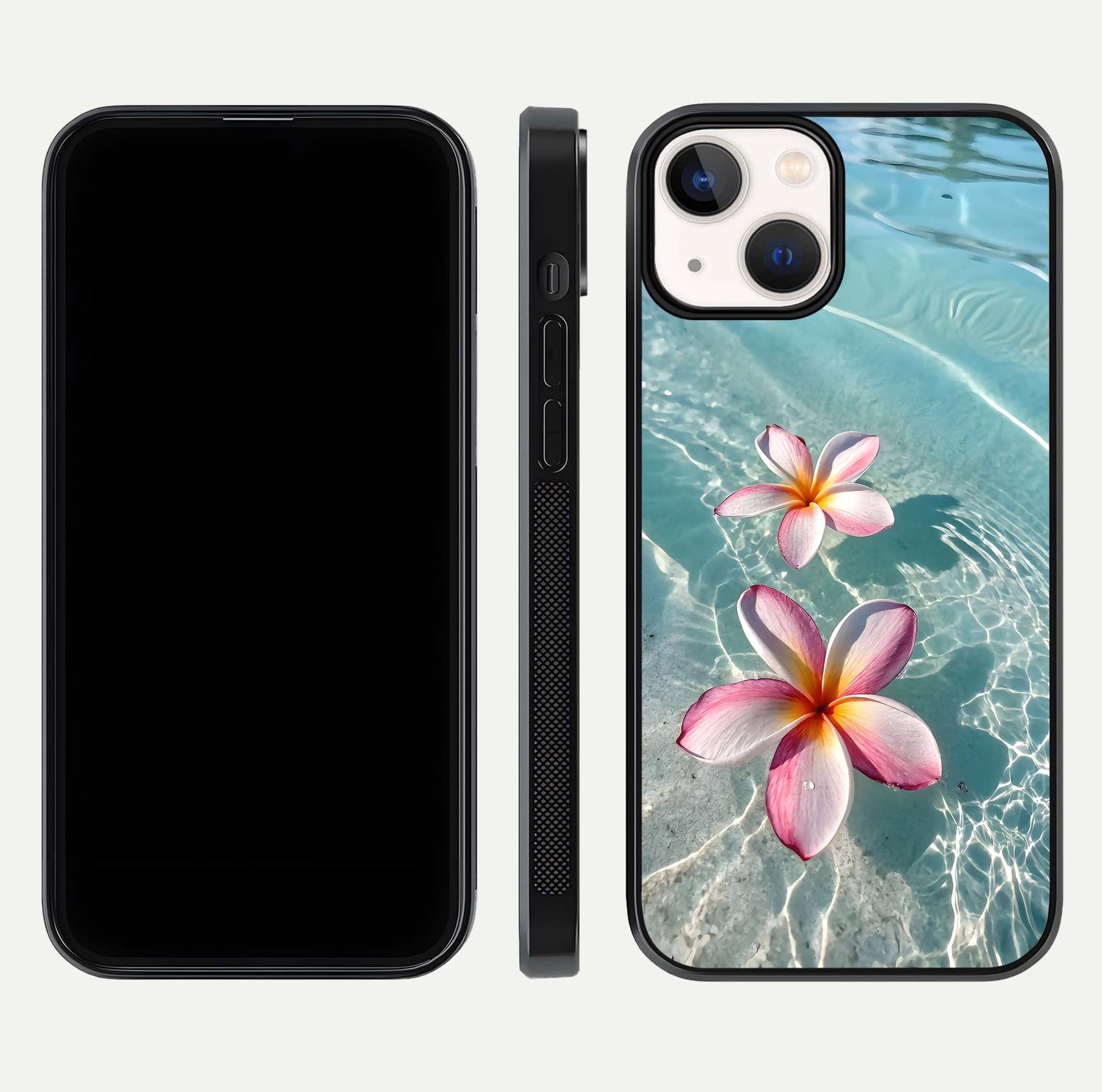 Floating Bloom Bliss Glass Case for iPhone 13 Mini dual-view layout displaying soft pastel flowers and curved glass