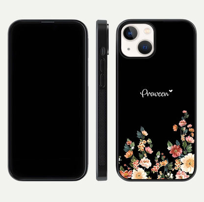 Floral Design Personalized Custom Name Glass Case for iPhone 13 Mini dual-view layout displaying artistic tones and curved finish