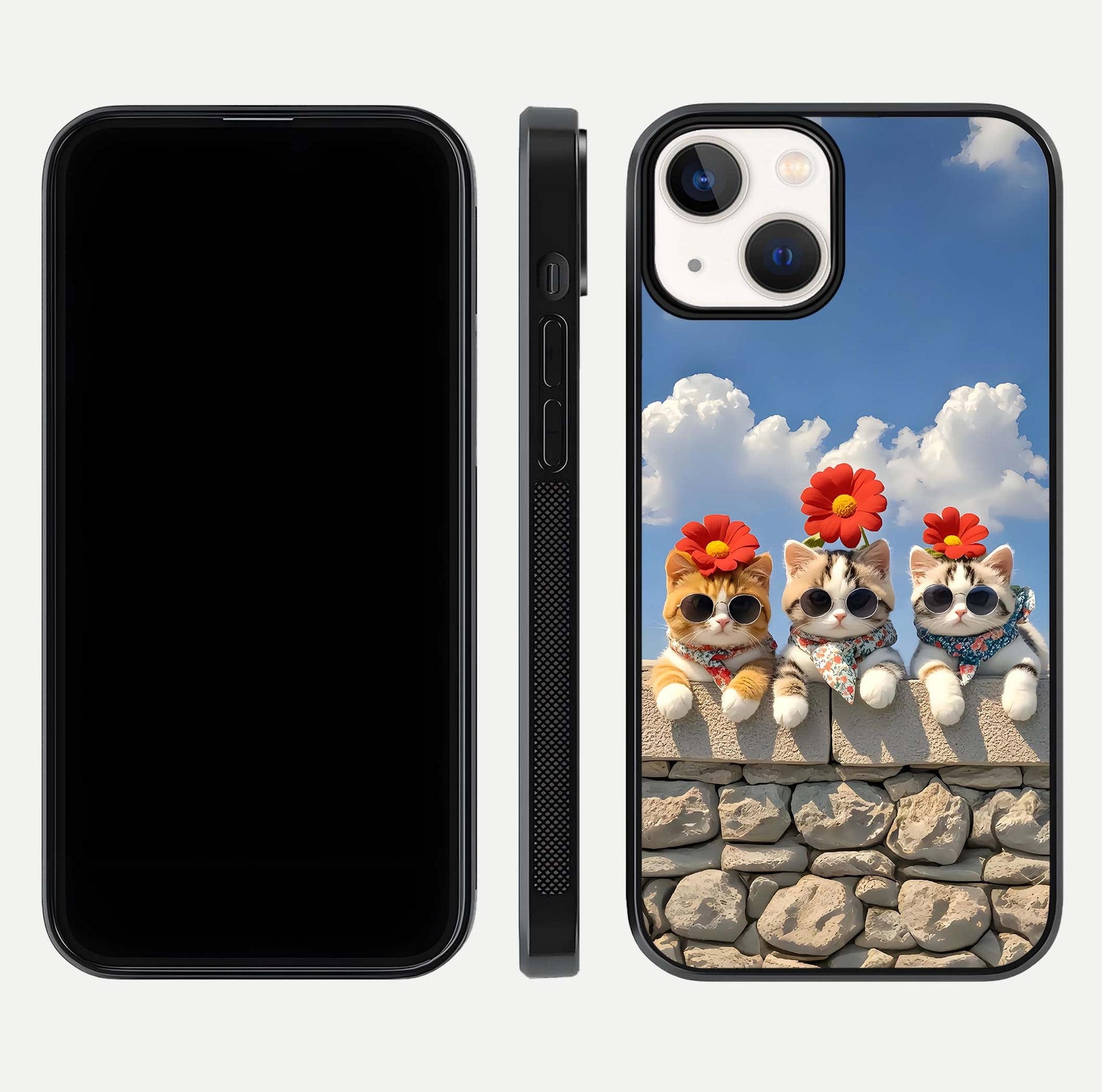 Floral Kitty Squad Glass Case for iPhone 13 Mini dual-view layout displaying vibrant tones and smooth edges