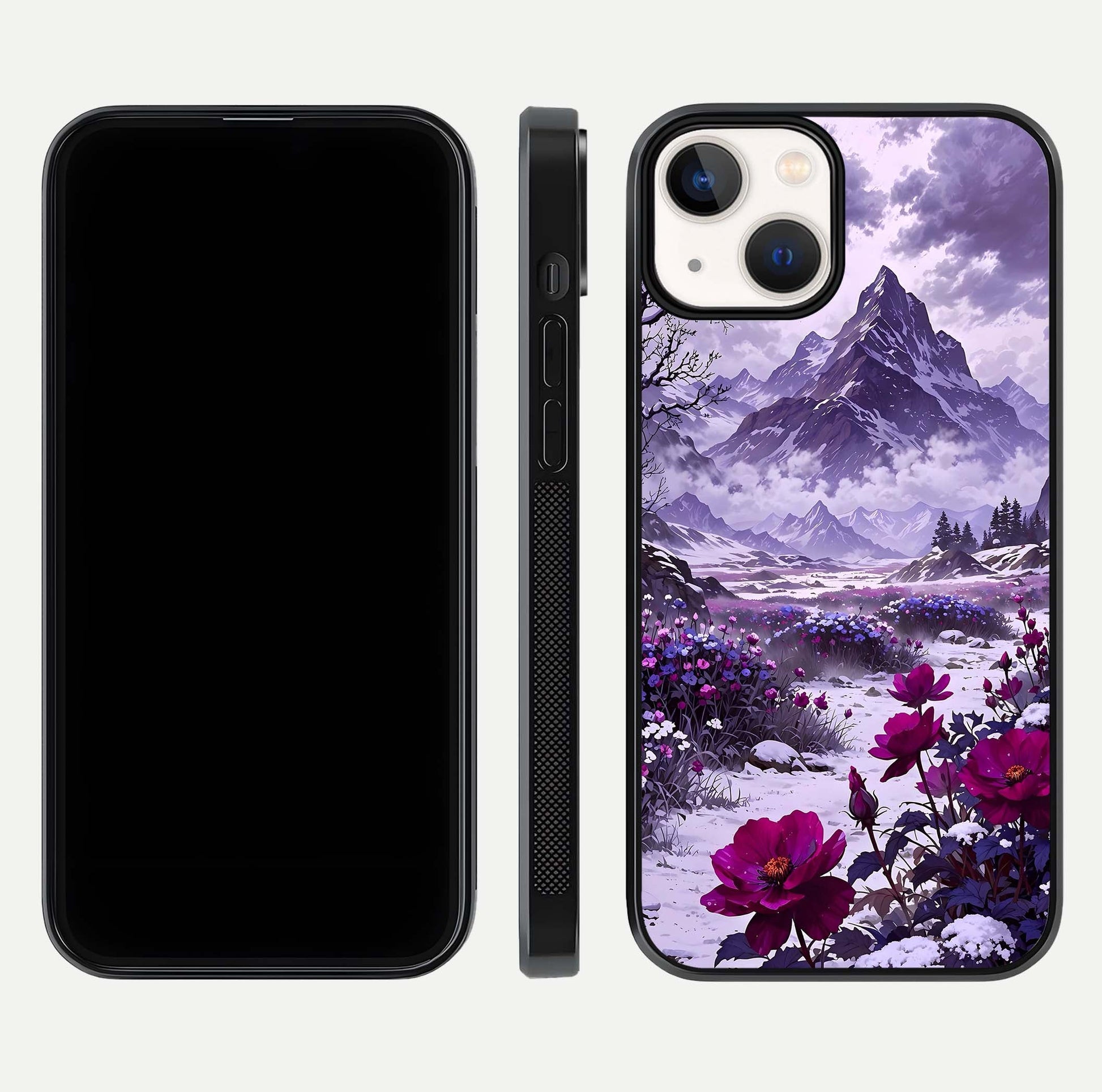 Flower Mountain View Glass Case for iPhone 13 Mini dual-view layout displaying scenic tones and curved glass finish