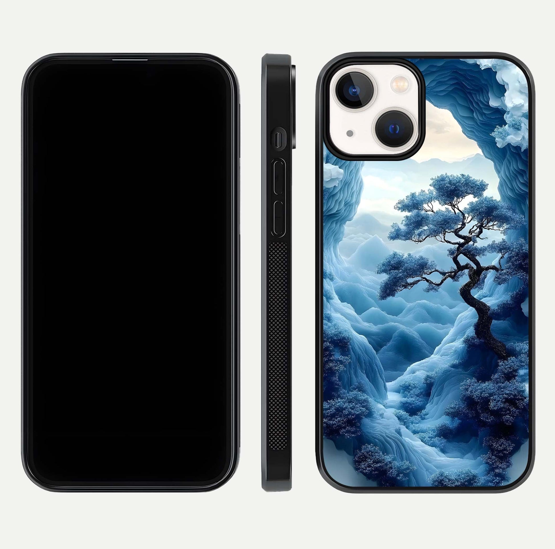 Frozen Serenity Gate Glass Case for iPhone 13 Mini dual-view layout displaying winter theme and smooth curves
