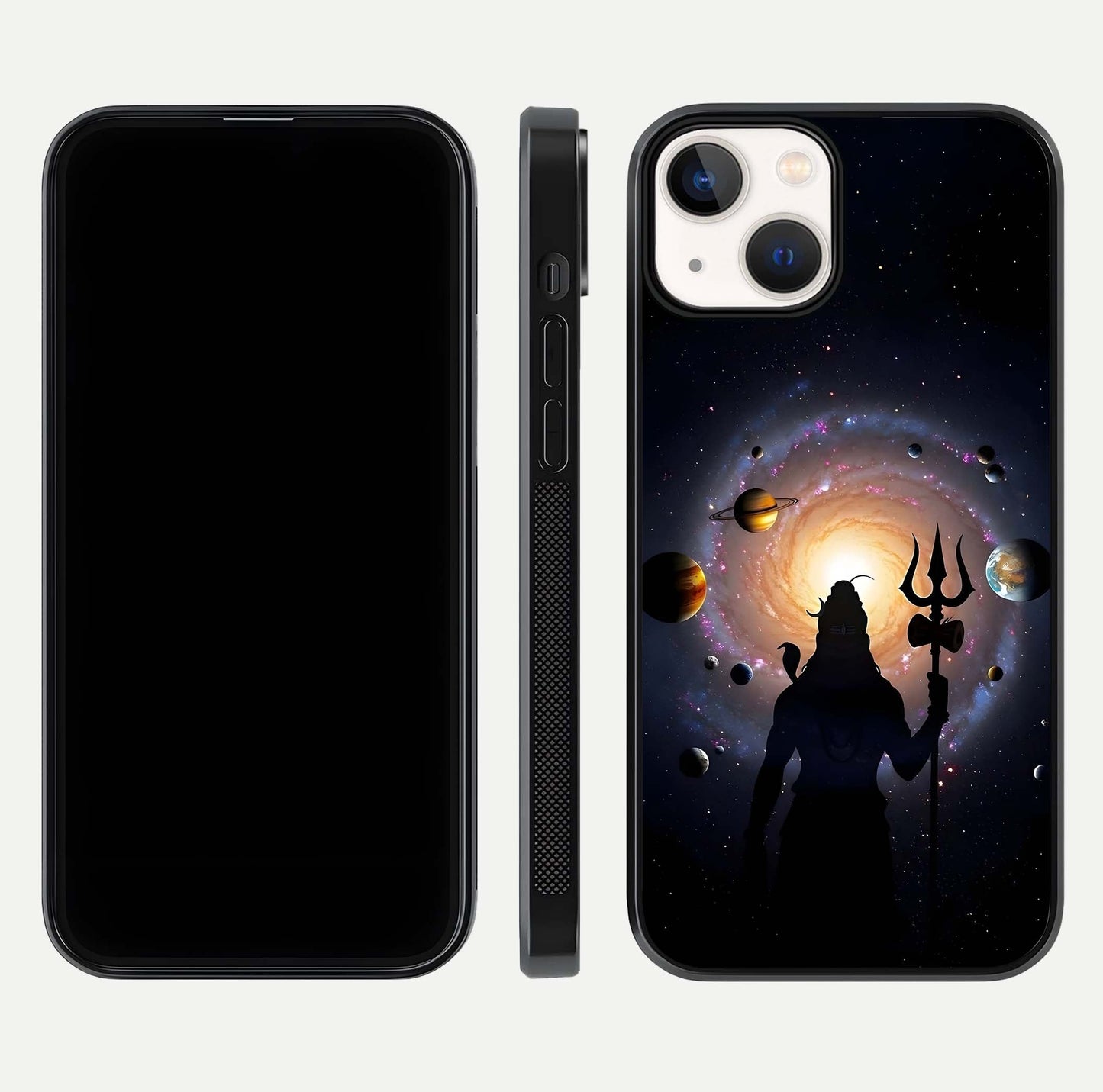 Galactic Shiva Vision Glass Case for iPhone 13 Mini front and back view layout showing celestial background and polished curved glass