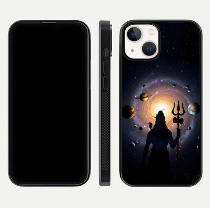 Galactic Shiva Vision Glass Case for iPhone 13 Mini front and back view layout showing celestial background and polished curved glass