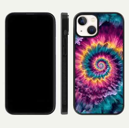 Galactic Spiral Burst Glass Case for iPhone 13 Mini front and back view layout highlighting cosmic swirl and curved edges