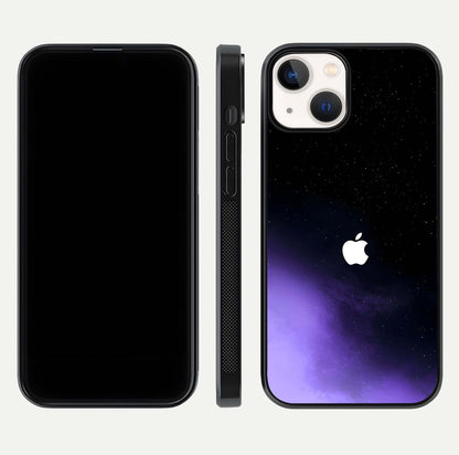 Galaxy Apple Aura Glass Case for iPhone 13 Mini front and back view layout displaying cosmic tones and premium curved glass edges