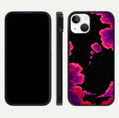 Galaxy Dream Frame Glass Case for iPhone 13 Mini front and back view layout highlighting cosmic design and smooth glass curvature
