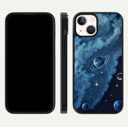 Galaxy Dream Space Glass Case for iPhone 13 Mini front and back view layout showing deep-space tones and curved edges