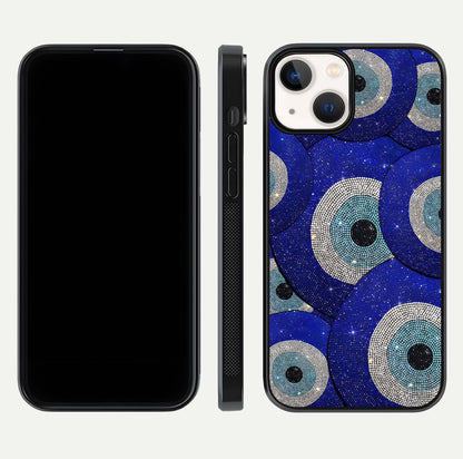 Galaxy Eye Flow Glass Case for iPhone 13 Mini front and back view layout displaying cosmic art and curved glass borders