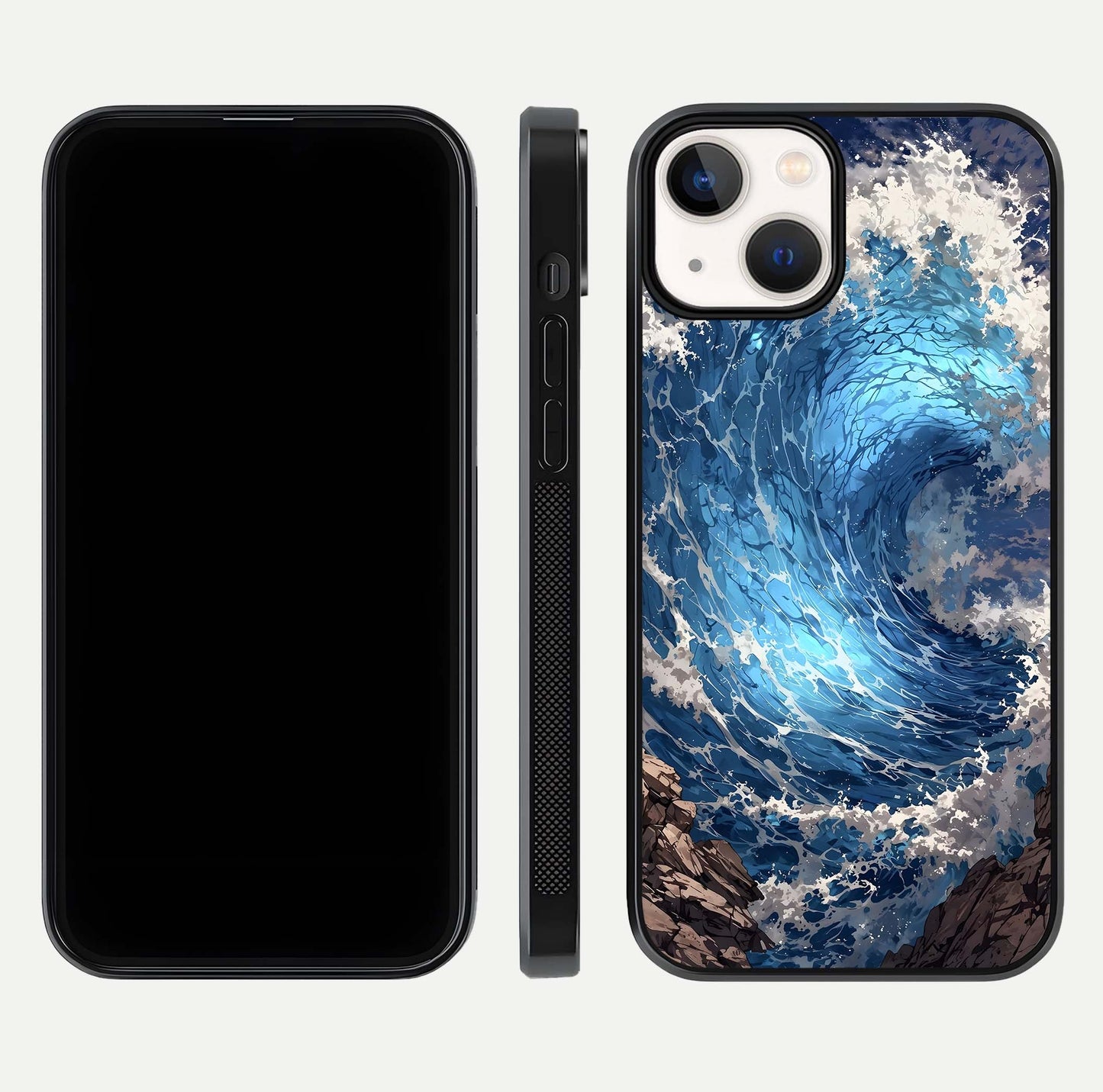 Giant Ocean Wave Glass Case for iPhone 13 Mini front and back view layout displaying sea tones and smooth curved edges