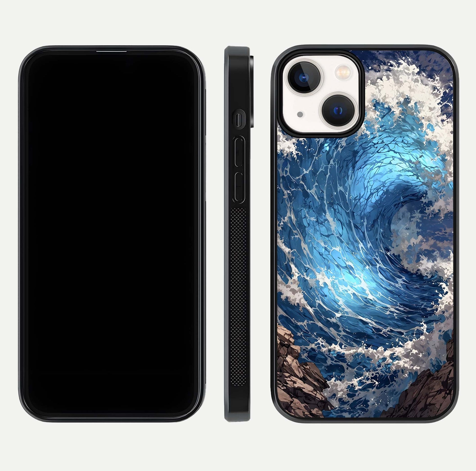 Giant Ocean Wave Glass Case for iPhone 13 Mini front and back view layout displaying sea tones and smooth curved edges