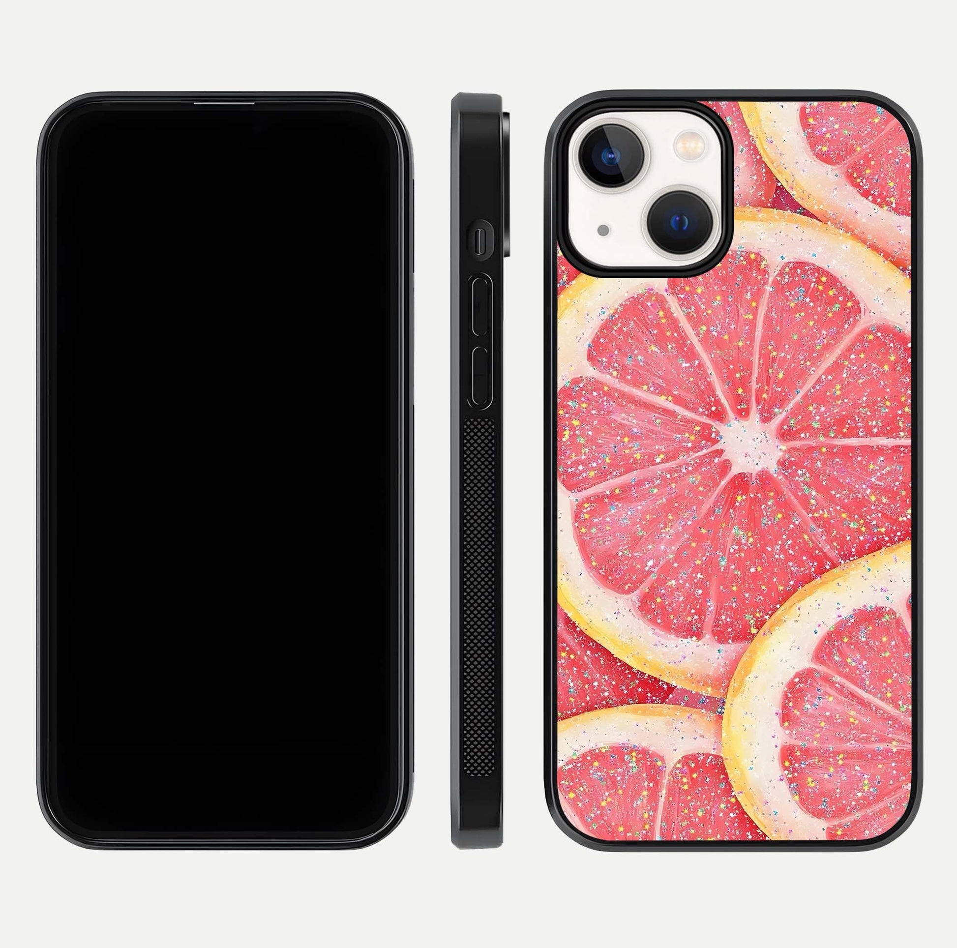 Glitter Grapefruit Glass Case for iPhone 13 Mini front and back view layout highlighting citrus hues and smooth glass